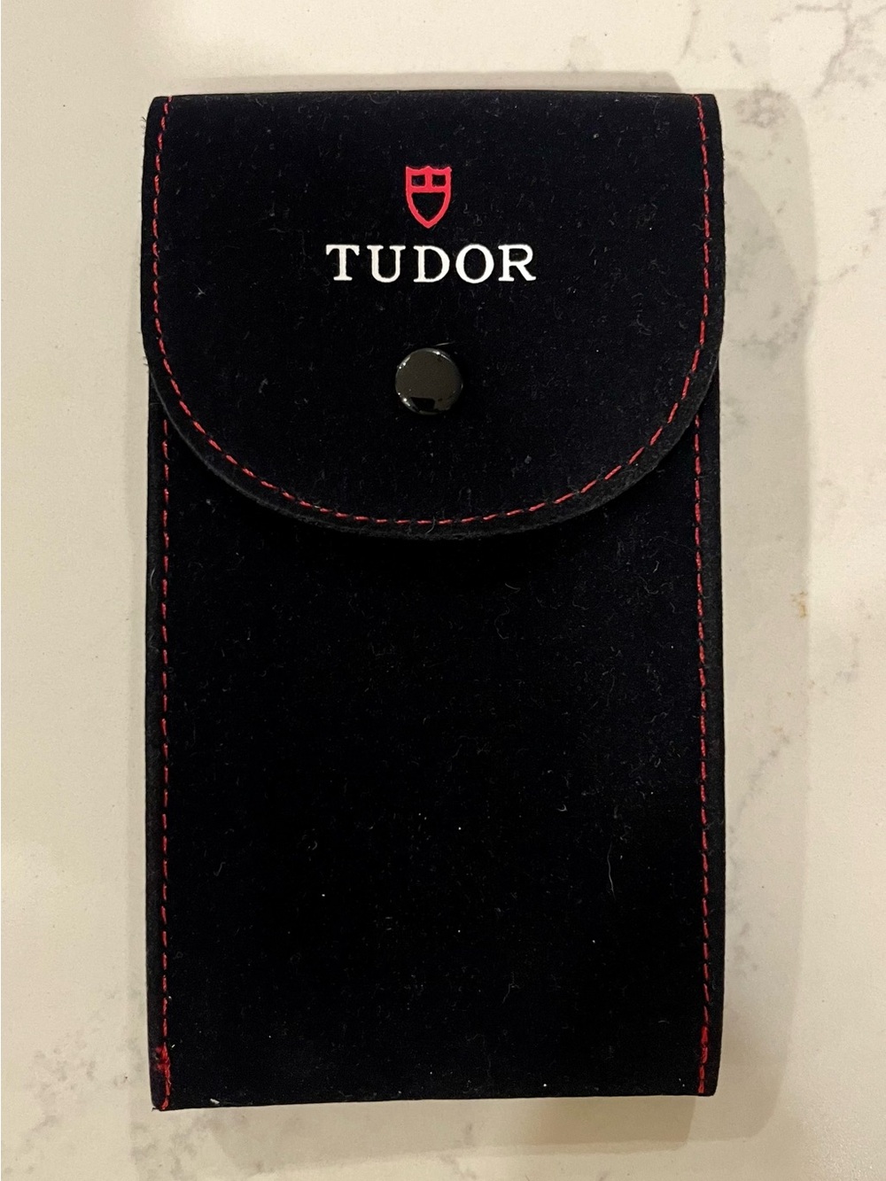 Authentic Tudor Black Velvet Pouch with Red Stitching for Travel & Service.